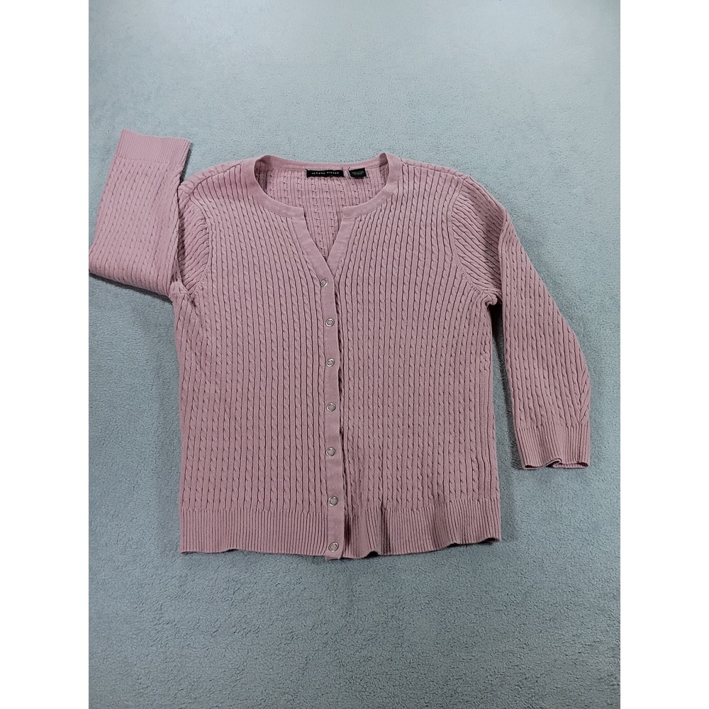 Jeanne Pierre Womens Cardigan Pink Medium Cable Knit Button Front Sweater